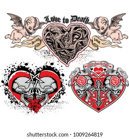 set, valentines skull with heart, grunge vintage design t shirts