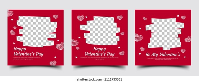 Set of Valentine's square banner design template. Red background with love decoration. Vector design with place for the photo. Usable for social media post, card, banner, and web ad.