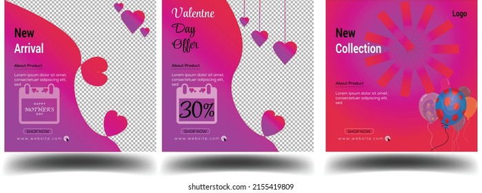 Set of Valentine's square banner design template. Red background with love line frame. Usable for social media post, greeting card, banner, and web ad.