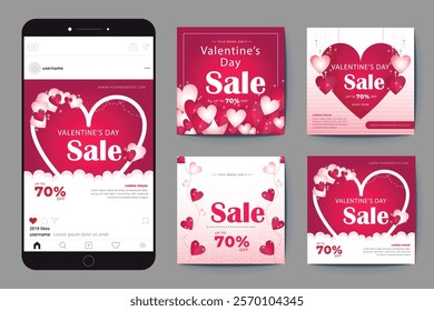 Set of Valentine's square banner design template. with mobile view Usable for social media post, greeting card, banner, and web ad.