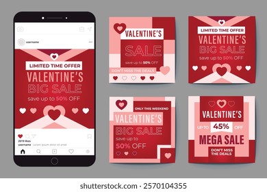 Set of Valentine's square banner design template. with mobile view Usable for social media post, greeting card, banner, and web ad.