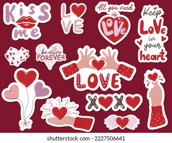 Set of valentines stickers with lettering and hands holding hearts. Print for graphic tee, sweatshirt, poster. Vector collection of Happy Valentines day theme elements