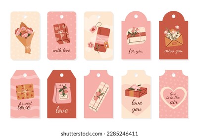 Set of Valentines tags. Collection of gifts and presents. Love and romance, relationship. Bouquet, envelope, heart and backpack. Cartoon flat vector illustrations isolated on white background