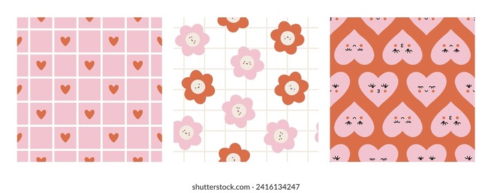 Set of Valentines vector seamless patterns. Groovy trendy romantic background. Lovely cartoon patterns with smiling hearts and flowers for Valentines designs, fabric, wallpaper. Love concept