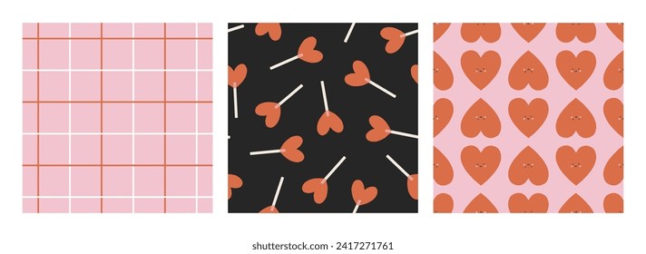 Conjunto de patrones vectoriales sin fisuras de San Valentín. Un fondo romántico infantil groovy. Bonitos patrones de caricatura con cuadrícula, corazones sonrientes y copas para vivero, diseños de San Valentín, fiestas románticas