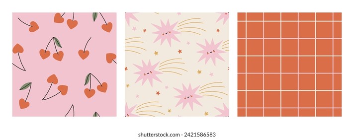 Set of Valentines vector seamless patterns. Groovy trendy romantic background. Lovely cartoon patterns with smiling stars, cherry hearts and grid for Valentines designs, fabric, wallpaper. Love art