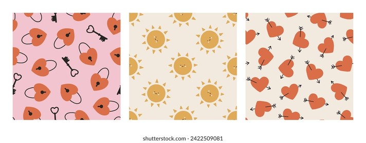Set of Valentines vector seamless patterns. Trendy modern romantic background. Lovely cartoon patterns with sun, key, lock and heart for nursery, Valentines designs, romantic holidays, fabrics