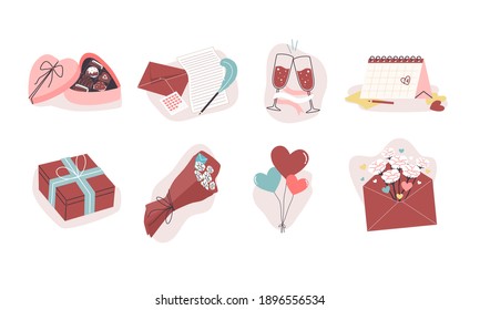 Set of valentines vibe stuff, Box of chocolate, Letter, Wine, Calendar, Gift box, Flowers, Balloons. isolated on white background.
