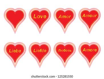 set of valentines with word love in several languages