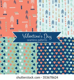 Set of Valentones Day seamless patterns with heart, arrows and abstract details. Vector love backgrounds.  Perfect for  greeting cards, postcards, banners, wallpapers, wrapping paper texture.
