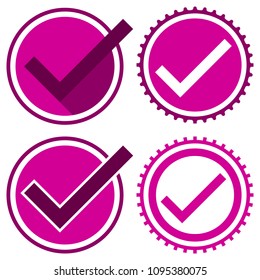 Set of valid Seal icon. Pink circle with ribbon outline and white tick. Flat OK sticker icon. Isolated on white. Accept button Good for web and software interfaces Vector illustration. OK icon purple

