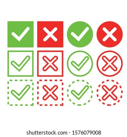 Set validation buttons. Tick and cross different signs. Check mark and x icons. Vector illustration.