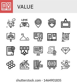 Set of value icons such as Certificate, Diamond, Pride, Sign, Mission, Signage, Data mining, Bond, Proposal , value