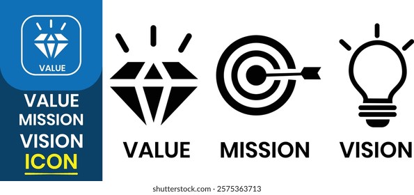 Set of Value, Mission, Vision icon. Diamond, target, bulb icon, vector set. Social Responsibility, Commitment, Personal Growth, Problem-Solving. Vector illustration.