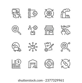 Set of value and supply chain related icons, product development, logistics, production, customer, innovation, material suppliers and linear variety vectors.