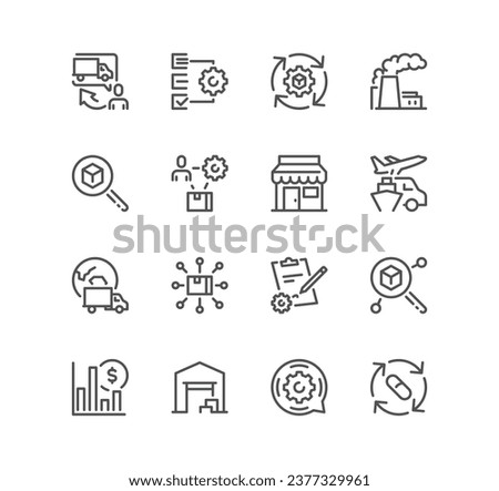 Set of value and supply chain related icons, product development, logistics, production, customer, innovation, material suppliers and linear variety vectors.
