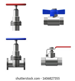 Set valves ball, fittings, pipes of metal piping system. Different types valves water, oil, gas pipeline, pipes sewage. Construction and industrial pressure technology plumbing. Vector illustration