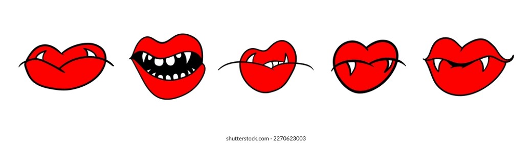 Set of vampire bite and kiss illustration. Red lips with vampire teeth. Vampire lips for Gothic design. Comic style. Vector illustration isolated on white background.