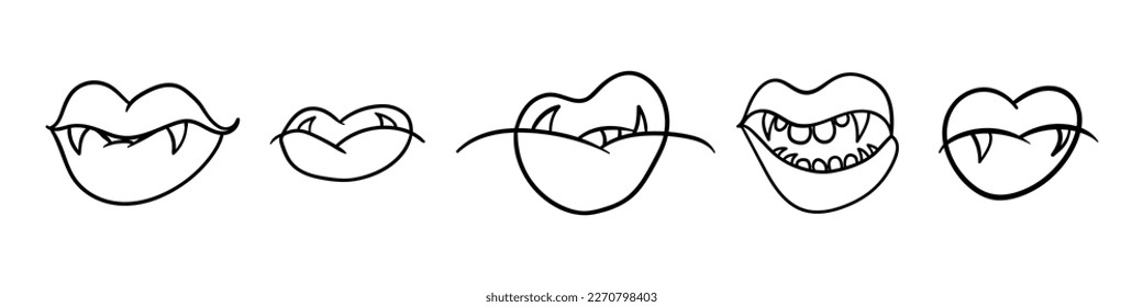 Juego de bocado de vampiros y ilustración de línea de besos. Labios con dientes de vampiro. Los labios de vampiros para el diseño gótico. Ilustración vectorial aislada en fondo blanco.