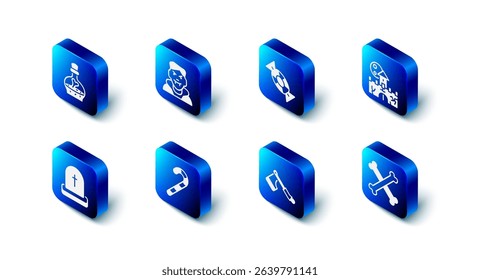 Set Vampire, Candy, Castle, fortress, Crossed bones, Wooden axe, Christmas candy cane, Tombstone with RIP written and Bottle potion icon. Vector