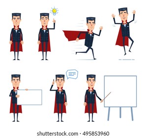 Set of vampire characters posing in different situations. Cheerful vampire standing, pointing up, running, jumping, talking on phone, holding banner. Flat style vector illustration