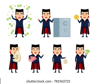 Set of vampire characters posing with money. Funny vampire holding money bag, coin, piggy bank and showing other actions. Flat style vector illustration