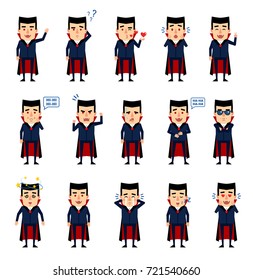 Set of vampire characters showing various facial expressions. Funny vampire laughing, crying, angry, dazed, in love and showing other emotions. Flat vector illustration