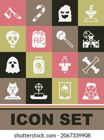 Set Vampire, Crossed bones, Castle, fortress, Funny and scary ghost mask, Tombstone with RIP written, Skull, Wooden axe and Lollipop icon. Vector