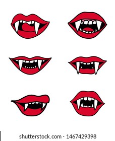 Set Of Vampire Fangs For Halloween. Woman Red Lips Vector Illustration. Scary Dracula Teeth Stickers.