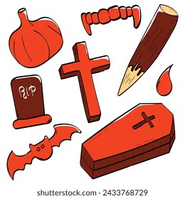 set of vampire halloween icons simple colorful hand drawn cute flat vector illustrations