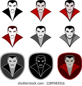 set of vampire icons with Count Dracula colored and monochrome