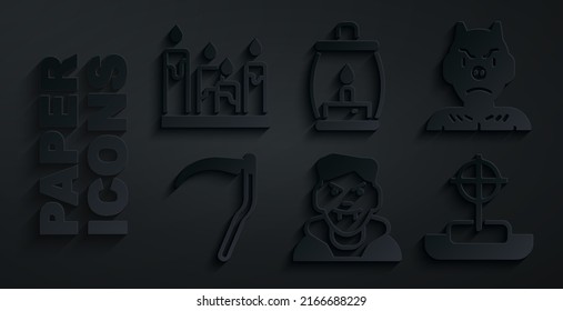 Set Vampire, Krampus, heck, Scythe, Tombstone with cross, Camping lantern and Burning candle icon. Vector