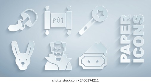 Set Vampire, Magic wand, Rabbit with ears, Ticket, scroll and Psilocybin mushroom icon. Vector