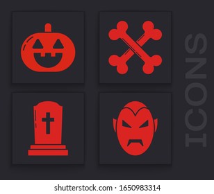 Set Vampire , Pumpkin , Crossed bones  and Tombstone with cross  icon. Vector