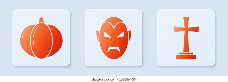 Juego de Vampiro , Calabaza y Piedra Tomba con cruz . Botón cuadrado blanco. Vector