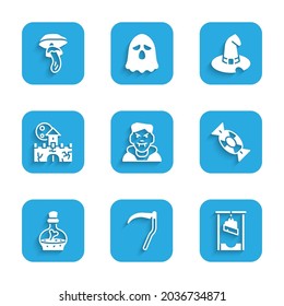 Set Vampire, Scythe, Guillotine, Candy, Bottle with potion, Castle, fortress, Witch hat and Psilocybin mushroom icon. Vector