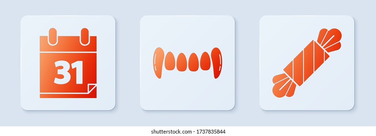 Set Vampire teeth , Calendar with Halloween date 31 october and Candy . White square button. Vector