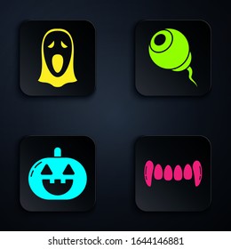 Set Vampire teeth , Funny and scary ghost mask for Halloween , Pumpkin  and Eye . Black square button. Vector