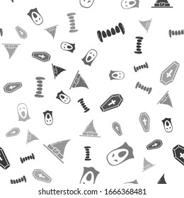Juego de dientes de vampiros , Graciosa y aterradora máscara fantasma para Halloween , Coffin con cruz cristiana y sombrero de bruja en un patrón sin fisuras. Vector