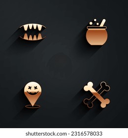 Set Vampire teeth, Halloween witch cauldron, Happy holiday and Crossed bones icon with long shadow. Vector