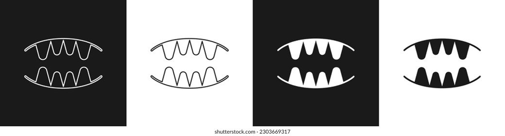 Set Vampire teeth icon isolated on black and white background. Happy Halloween party.  Vector