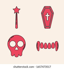 Set Vampire teeth , Magic wand , Coffin with christian cross  and Skull  icon. Vector