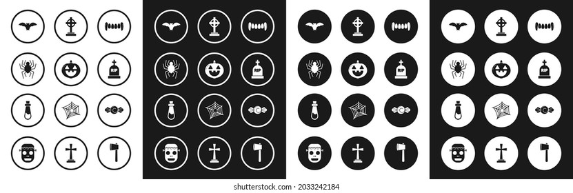 Set Vampire teeth, Pumpkin, Spider, Flying bat, Tombstone with RIP, cross, Candy and Bottle potion icon. Vector