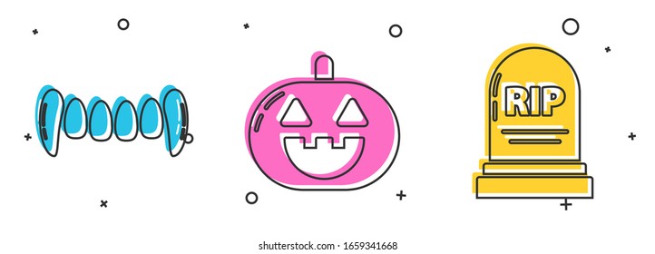 Colocar dientes de vampiro , Calabaza y Tombstone con el icono RIP. Vector