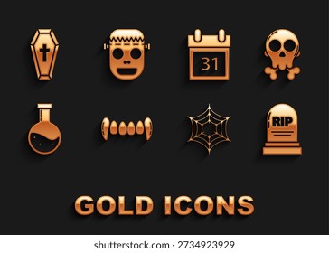Set Vampire teeth, Skull on crossbones, Tombstone with RIP, Spider web, Bottle potion, Calendar Halloween date 31 october, Coffin christian and Zombie mask icon. Vector