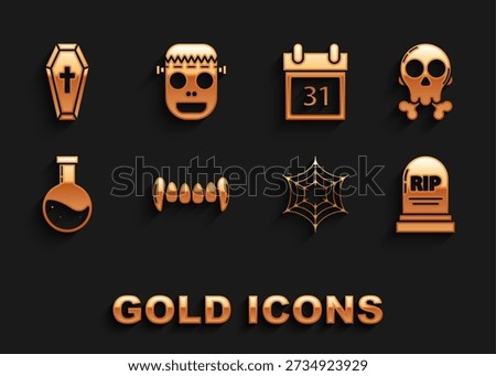 Set Vampire teeth, Skull on crossbones, Tombstone with RIP, Spider web, Bottle potion, Calendar Halloween date 31 october, Coffin christian and Zombie mask icon. Vector