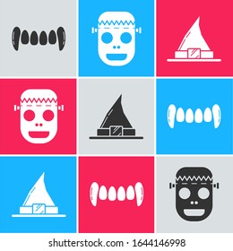 Set Vampire teeth , Zombie mask  and Witch hat  icon. Vector
