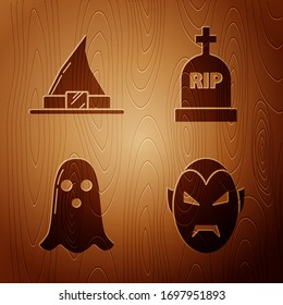 Set Vampire , Witch hat , Ghost  and Tombstone with RIP on wooden background. Vector