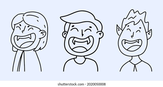 Set of vampires with a smile in doodle style. Halloween concept. Coloring. Vector illustration