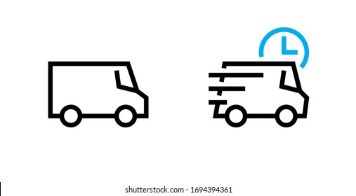 Set of Van and Delivery Time truck icons. Editable line vector. Emblem of a stylized car for the transport of goods with a logo clock and speed waves. Group pictogram.